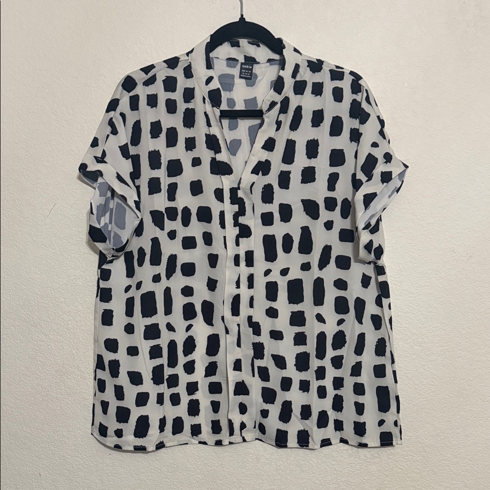 SHEIN White Blouse with Black and Gray Abstract Blocks